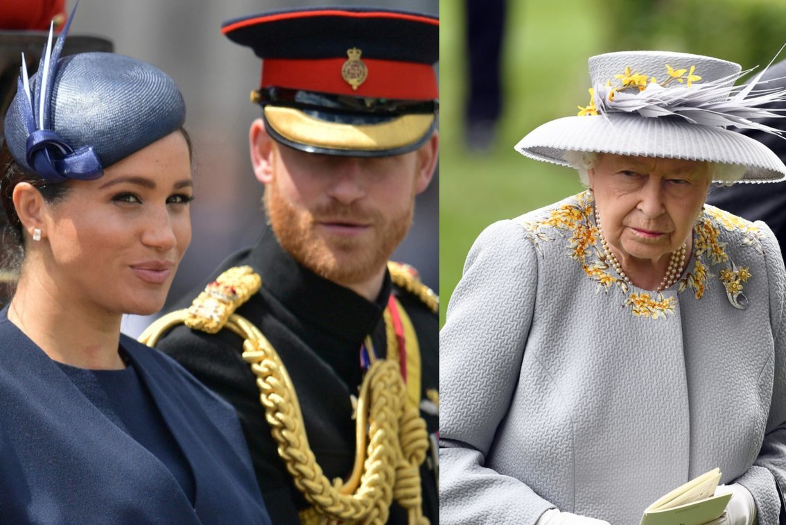 Meghan Markle, princas Harry ir karalienė (nuotr. SCANPIX) tv3.lt fotomontažas