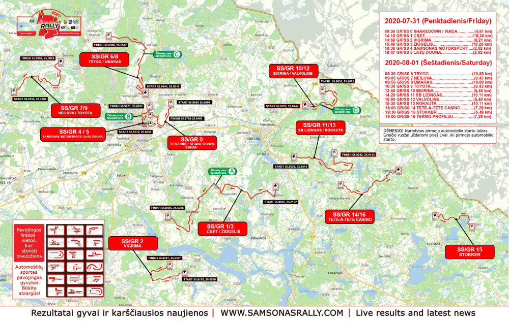 „Samsonas Rally Rokiškis 2020“ greičio ruožų žemėlapis